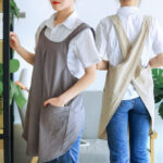Cross Back Cotton Apron gray khaki 100% washed cotton no tie slip on chef florist apron front and back wearing view