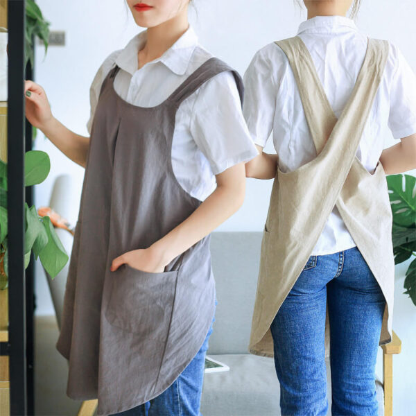 Cross Back Cotton Apron gray khaki 100% washed cotton no tie slip on chef florist apron front and back wearing view