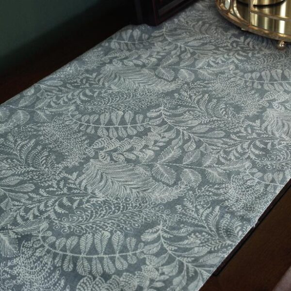 American floral table runner close-up, vintage botanical pattern in light coffee tone