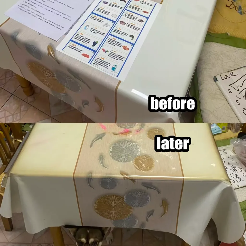 non-toxic table runner before and after showing yellowing and wear from toxic PVC vs safe cotton