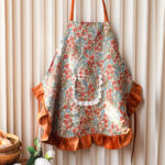 Mia Floral polyester kitchen apron with orange ruffle trim, vintage floral print cooking apron for women