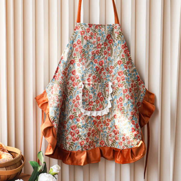 Mia Floral polyester kitchen apron with orange ruffle trim, vintage floral print cooking apron for women