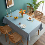 stain resistant tablecloths Waterproof, soft light blue wrinkle resistant cotton linen tablecloth with flower table setting