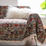 colorful badge print sofa cover with retro pattern and bohemian white fringe