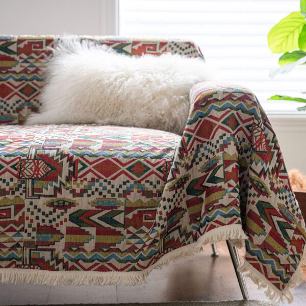 colorful badge print sofa cover with retro pattern and bohemian white fringe