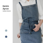 Vintage denim barista apron front view with model and text