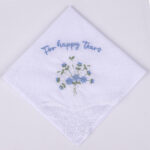 cotton wedding handkerchief with "For happy tears" embroidery and floral design