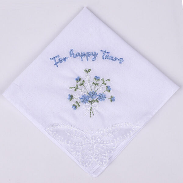 cotton wedding handkerchief with "For happy tears" embroidery and floral design