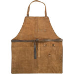 rugged leather work apron back view, adjustable cross-back straps with vintage finish