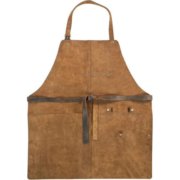rugged leather work apron back view, adjustable cross-back straps with vintage finish
