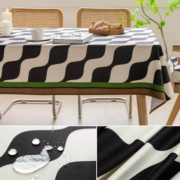 Waterproof modern velvet tablecloth black geometric print, stain resistant fabric
