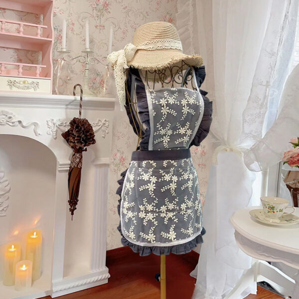sweet lace lolita apron | gray cotton with floral embroidery and lace trim