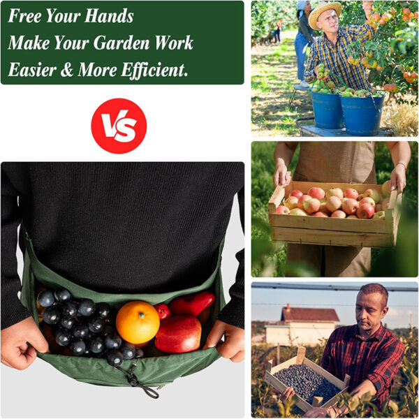 Garden Harvest Waist Apron comparison graphic, oxford fruit picking waist apron shows hands-free orchard harvesting advantages for gardeners farmers