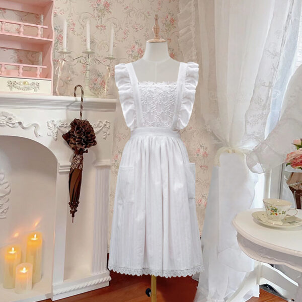 white lace cottage apron | embroidered polyester with ruffled straps