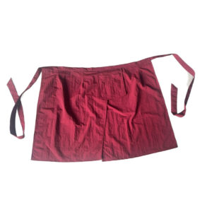 Waterproof Split Server Apron wine red full flat lay view, split front taffeta half waist server apron with adjustable long ties for hospitality restaurant workers