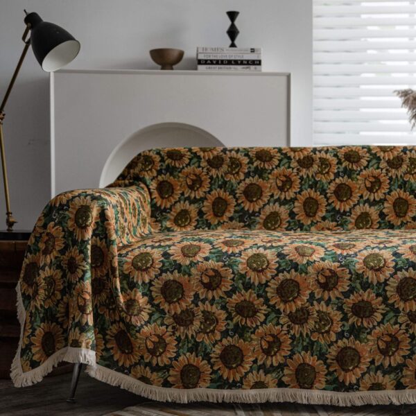 bohemian proof sofa cover with jacquard sunflower print, styled living room view