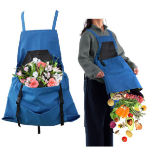 Blue garden harvest work apron, used by a florist holding flowers, showing multi-scene use