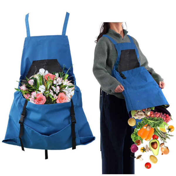 Blue garden harvest work apron, used by a florist holding flowers, showing multi-scene use