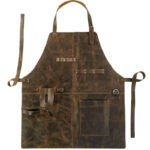 rugged dark brown leather work apron front view with multiple tool pockets and bottle opener