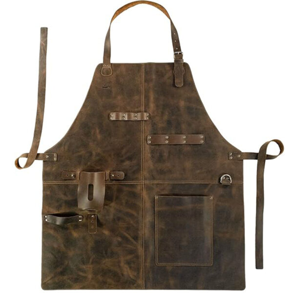 rugged dark brown leather work apron front view with multiple tool pockets and bottle opener