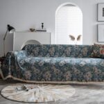 Cat proof bohemian sofa cover blue oil painting print, cozy living room setting