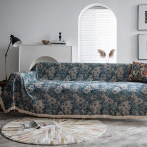 Cat proof bohemian sofa cover blue oil painting print, cozy living room setting