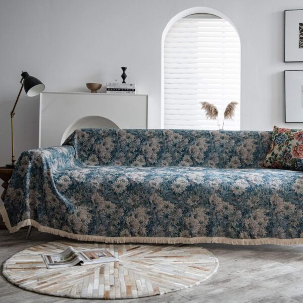 Cat proof bohemian sofa cover blue oil painting print, cozy living room setting