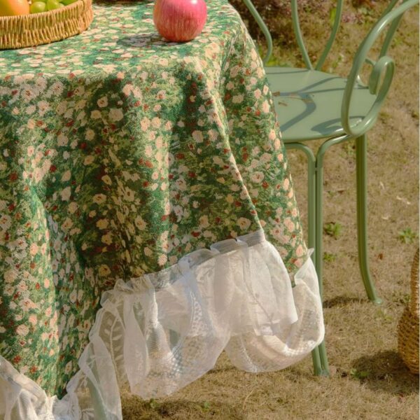 american floral table runner green meadow pattern lace trim with fruit decor