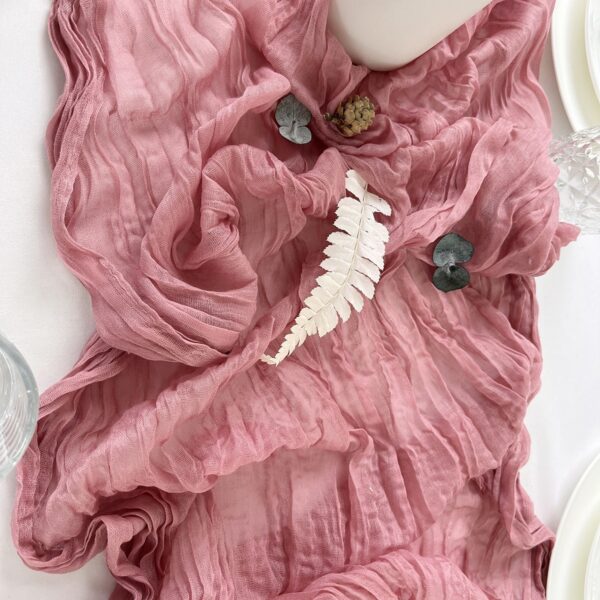 blush pink boho polyester table runner crinkled texture close-up
