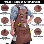 Waxed Canvas Work Apron coffee brown pocket function diagram, labeled multi storage slots rivet reinforced canvas tool apron for woodworkers and mechanics