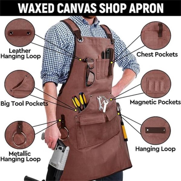 Waxed Canvas Work Apron coffee brown pocket function diagram, labeled multi storage slots rivet reinforced canvas tool apron for woodworkers and mechanics
