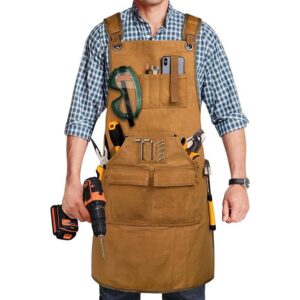 Waxed Canvas Work Apron camel tan male full wearing photo, 20oz heavy duty multi divided pocket canvas tool apron cross back straps for carpenters electricians DIY lovers