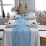 dusty blue boho polyester table runner for wedding banquet decor