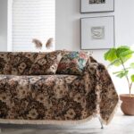 coffee oil painting couch throw with vintage warm tone and soft white fringe