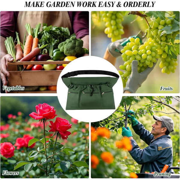 Garden Harvest Waist Apron real orchard usage scene picture, oxford fruit picking waist apron loaded with fresh vegetables grapes for home gardeners