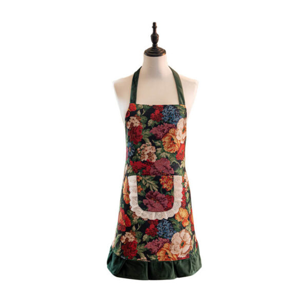 Vintage floral kitchen apron in green floral print, studio shot on mannequin
