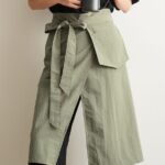 Waterproof Split Server Apron army green mannequin wearing shot, split front adjustable tie taffeta half waist apron with big pocket for outdoor BBQ shops and rustic cafes