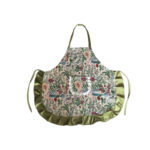 Peony Garden floral kitchen apron with green ruffle trim, polyester cooking apron with front pocket