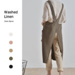 Model wearing cotton linen gardening apron, back view