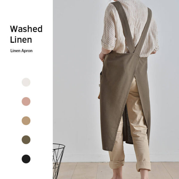 Model wearing cotton linen gardening apron, back view