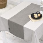 Off white & light grey Nordic Solid Cotton Tablecloth flat lay, solid pure cotton rectangular table linen