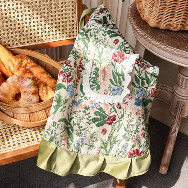 Peony Garden floral apron with lace ruffle pocket, vintage polyester kitchen apron in bakery setting