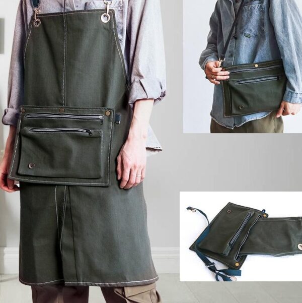2-in-1 outdoor convertible apron backpack in army green, showing both apron and shoulder bag forms