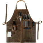 rugged leather work apron with multiple tool pockets, heavy duty brown vintage apron for woodworking, barber, chef