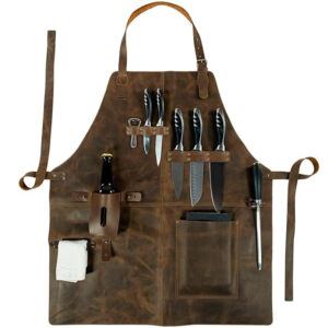rugged leather work apron with multiple tool pockets, heavy duty brown vintage apron for woodworking, barber, chef