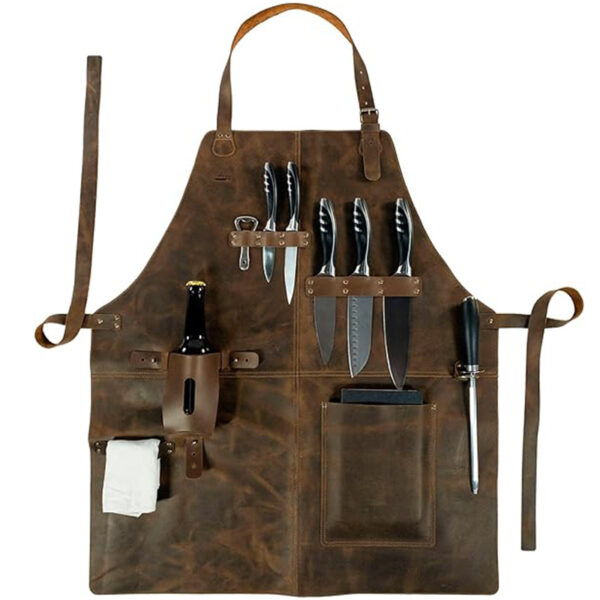 rugged leather work apron with multiple tool pockets, heavy duty brown vintage apron for woodworking, barber, chef