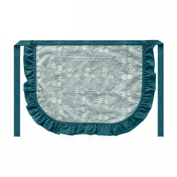 Deep teal lace baking cotton half apron laid flat