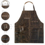rugged dark brown leather work apron front view with hardware details and size specifications