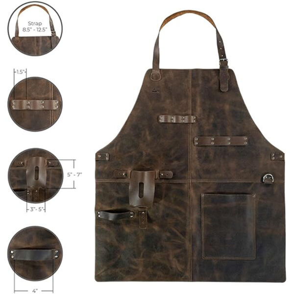 rugged dark brown leather work apron front view with hardware details and size specifications