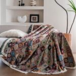 orange rhombus jacquard sofa throw with bohemian geometric pattern and white fringe
